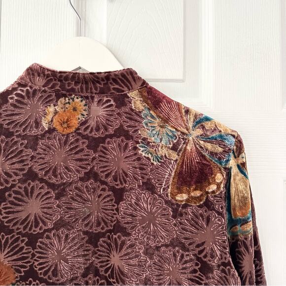 Citron Brown Velvet Butterfly Mandarin Collar Neck Button Up Blouse Small Asian - Picture 10 of 12